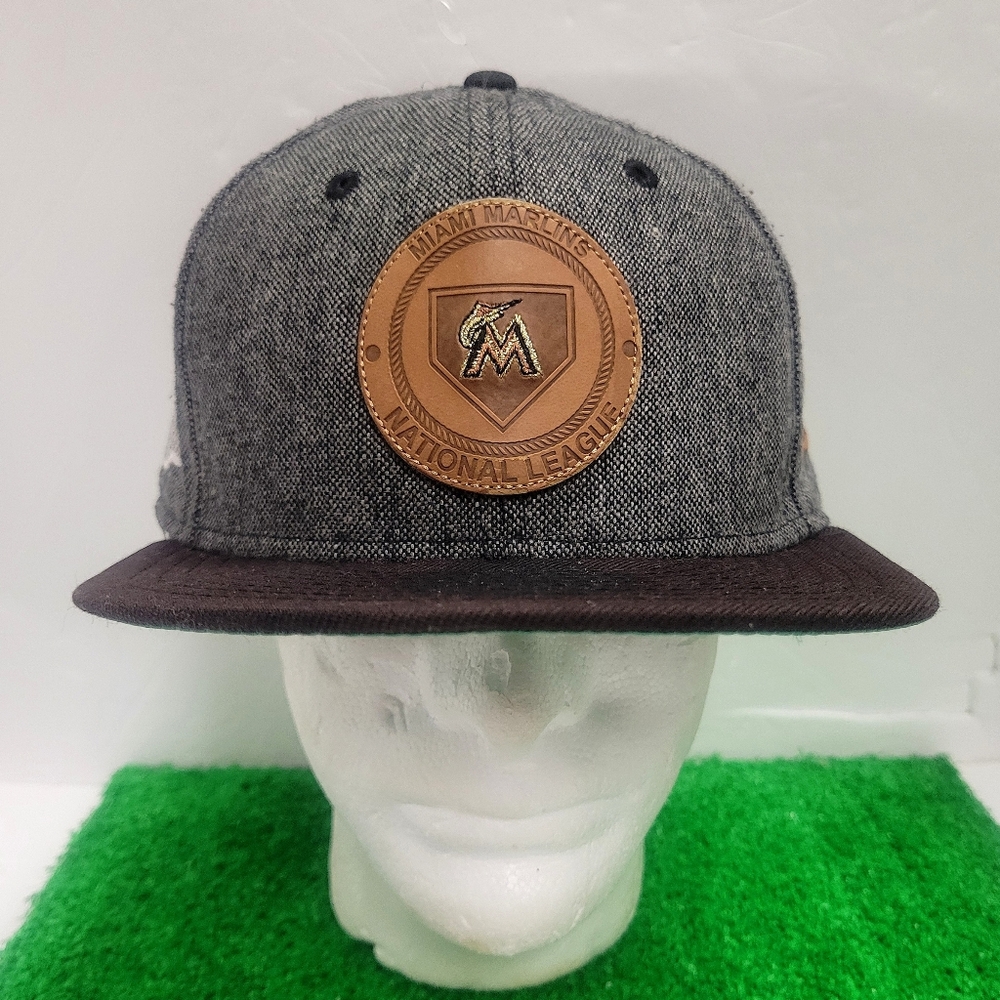 Florida Miami Marlins Hat New Era Fitted 7 3/4  Leather Patch Baseball Heathered